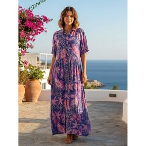 New Aura Button Front Maxi Dress Floral Tropical Cottage India Purple Size S NWT